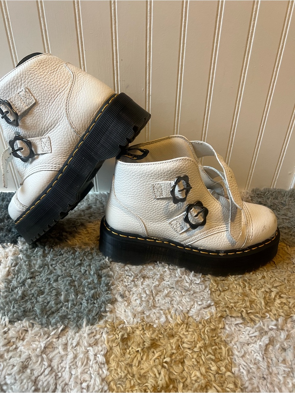 Dr. Martens White Leather Platform Buckle Shoes with Black Soles